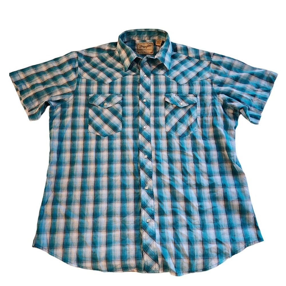 Wrangler Western Shirt Mens XL Plaid Short Sleeve Pearl Snap Teal White‎